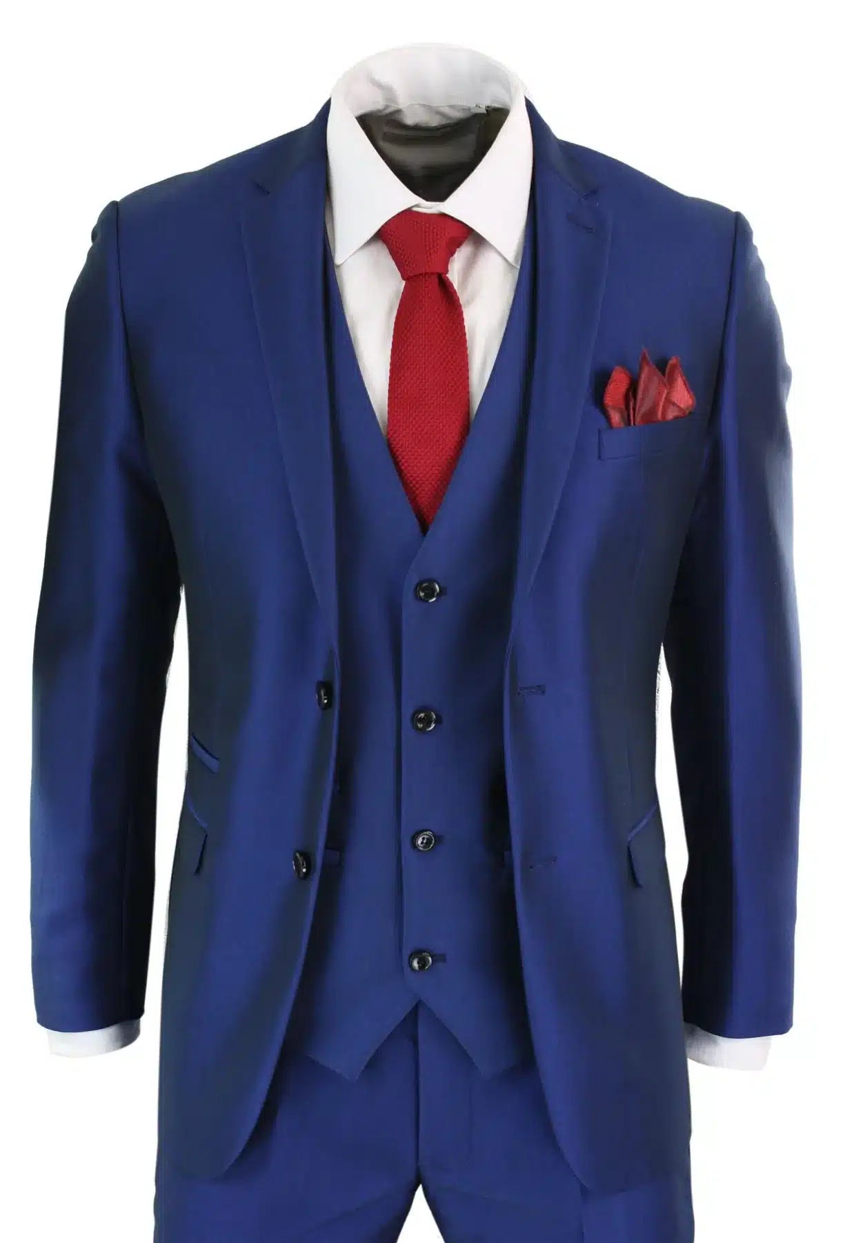 Terno masculino de 3 peças azul brilhante para casamento, formatura e festa, corte sob medida, elegante e formal.