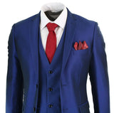 Terno masculino de 3 peças azul brilhante para casamento, formatura e festa, corte sob medida, elegante e formal.