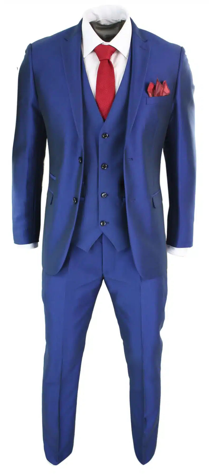 Terno masculino de 3 peças azul brilhante para casamento, formatura e festa, corte sob medida, elegante e formal.