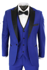 Paul Andrew Regent Blue - Terno de smoking masculino de 3 peças em cetim azul e preto, corte sob medida, ideal para casamento, formatura e noivo.