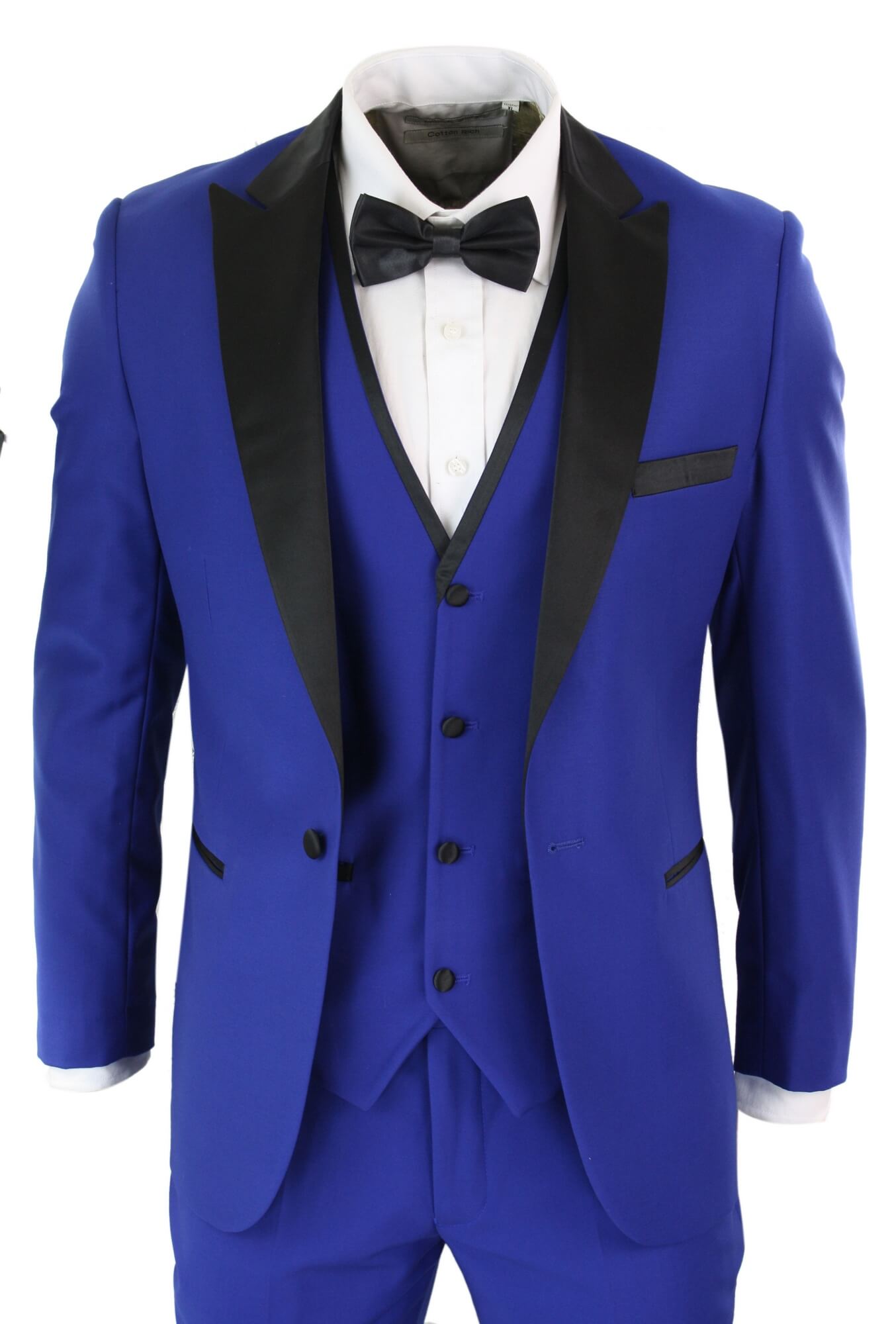 Paul Andrew Regent Blue - Terno de smoking masculino de 3 peças em cetim azul e preto, corte sob medida, ideal para casamento, formatura e noivo.