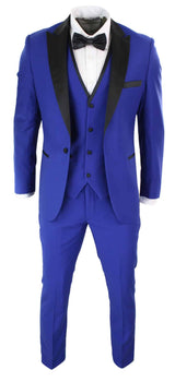 Paul Andrew Regent Blue - Terno de smoking masculino de 3 peças em cetim azul e preto, corte sob medida, ideal para casamento, formatura e noivo.