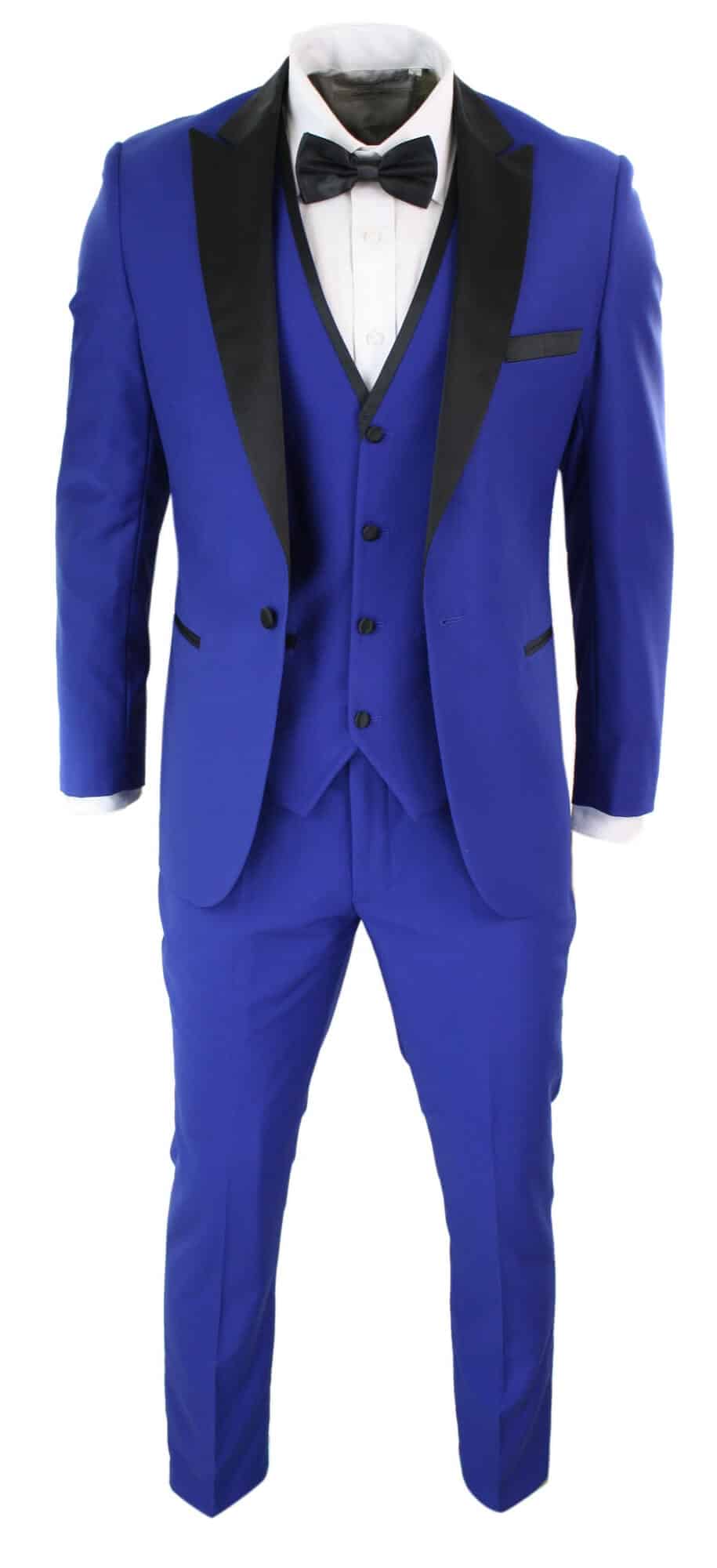 Paul Andrew Regent Blue - Terno de smoking masculino de 3 peças em cetim azul e preto, corte sob medida, ideal para casamento, formatura e noivo.
