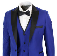 Paul Andrew Regent Blue - Terno de smoking masculino de 3 peças em cetim azul e preto, corte sob medida, ideal para casamento, formatura e noivo.