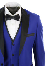 Paul Andrew Regent Blue - Terno de smoking masculino de 3 peças em cetim azul e preto, corte sob medida, ideal para casamento, formatura e noivo.