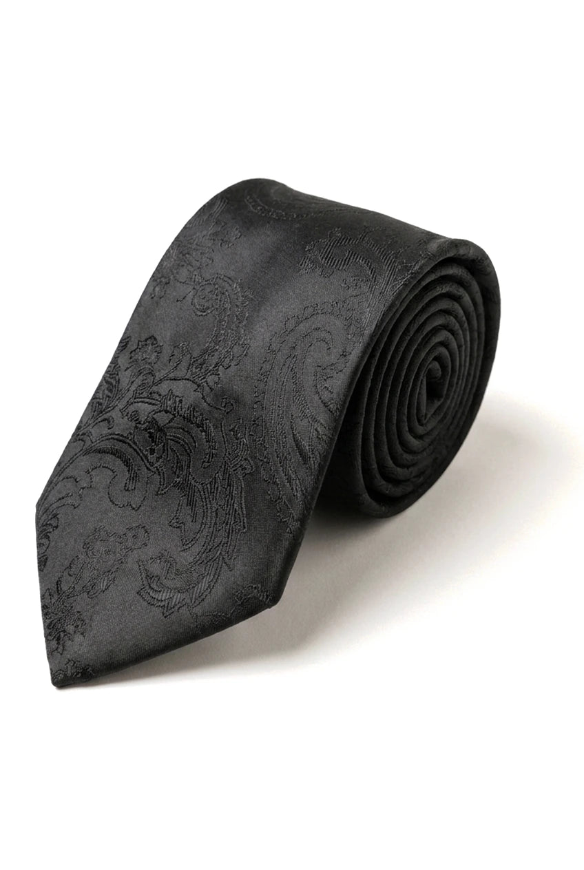 Conjunto de presente com gravata preta Paisley, lenço de bolso e abotoaduras em cetim floral.