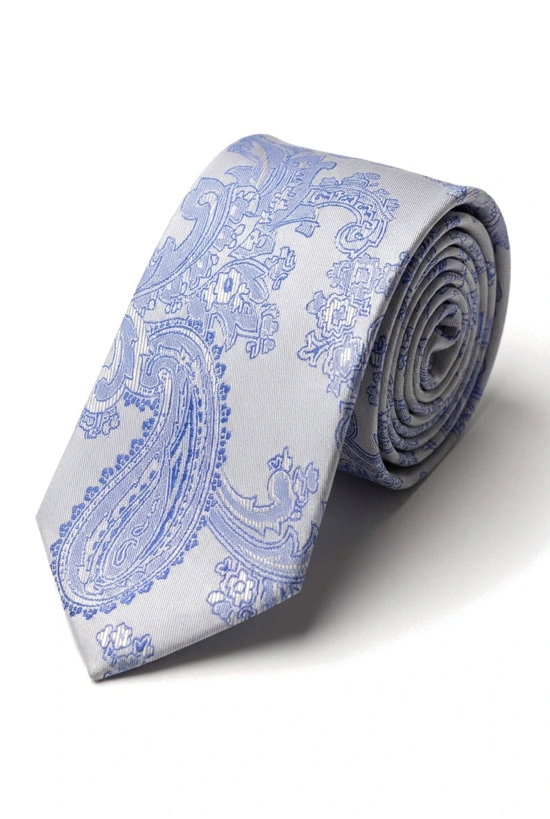 Conjunto de presente com gravata azul paisley, lenço de bolso e abotoaduras em cetim floral.