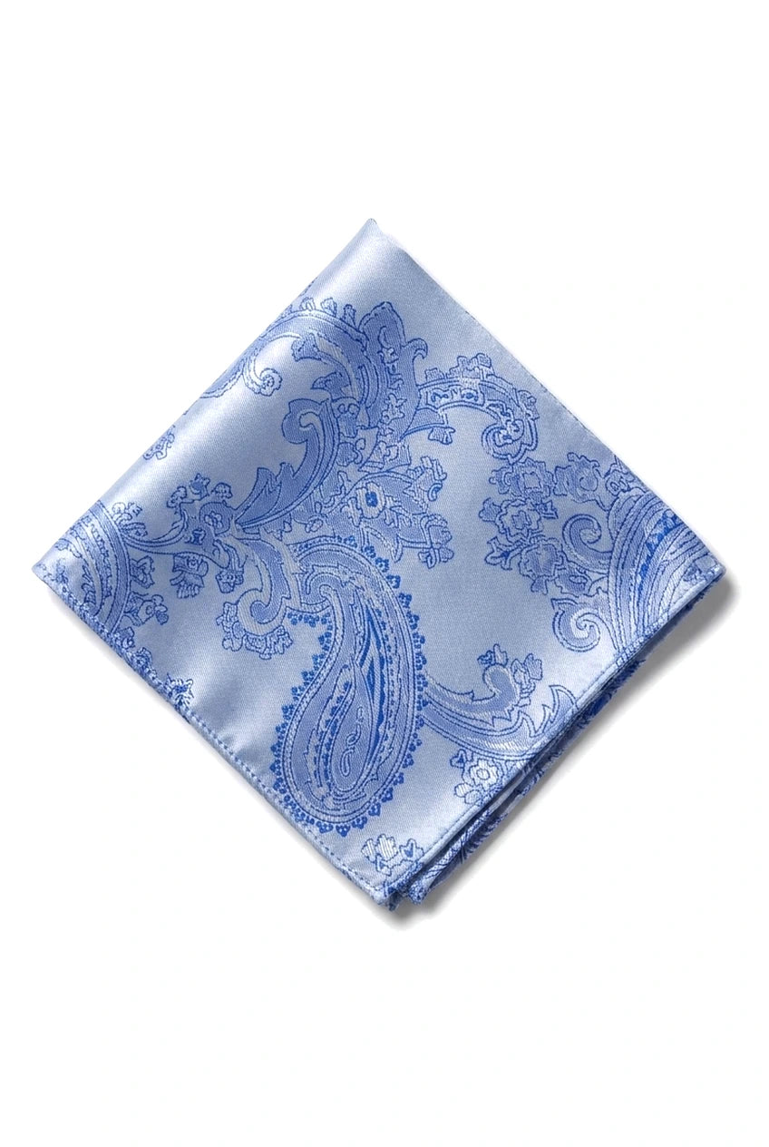 Conjunto de presente com gravata azul paisley, lenço de bolso e abotoaduras em cetim floral.