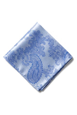 Conjunto de presente com gravata azul paisley, lenço de bolso e abotoaduras em cetim floral.