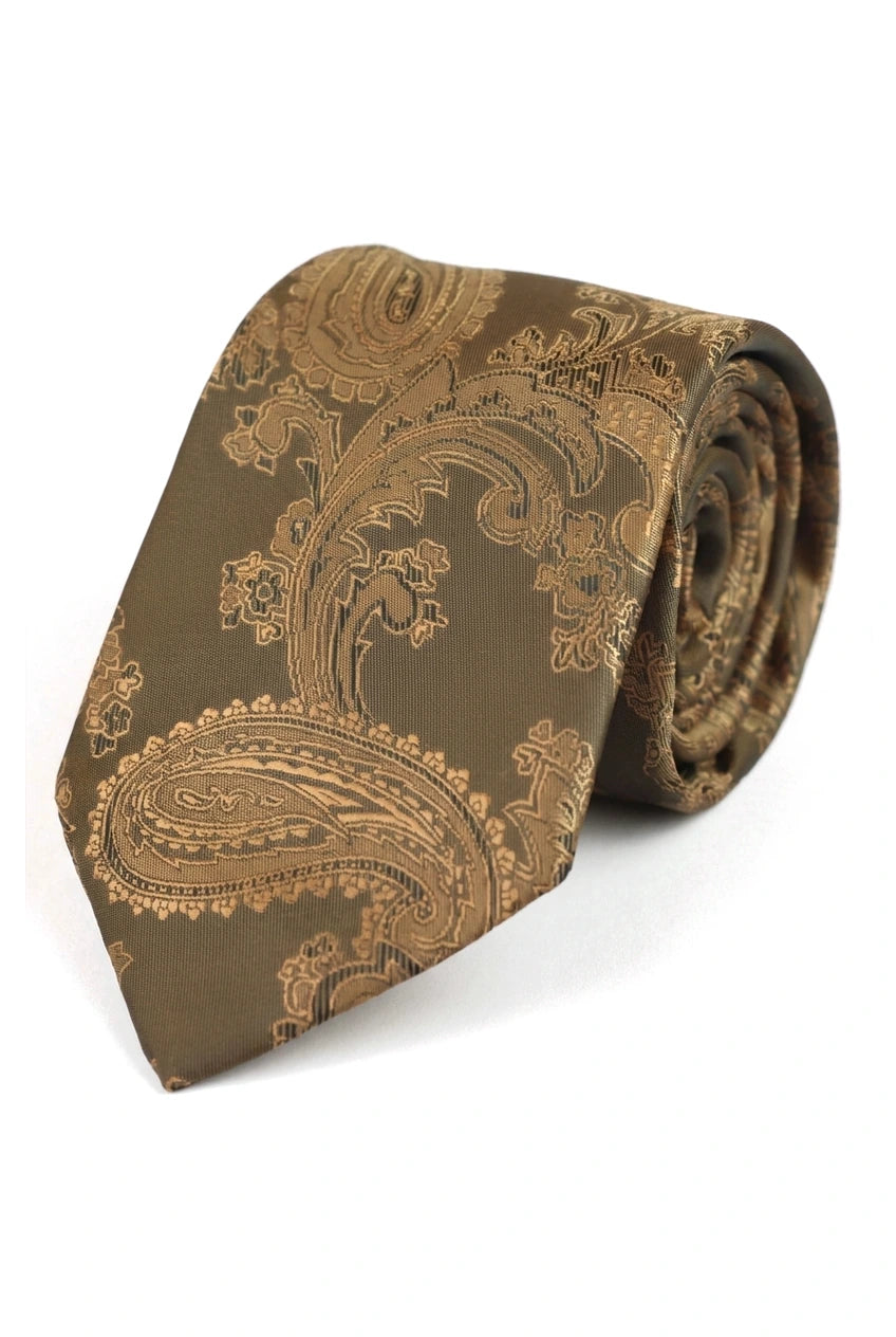 Conjunto de presente com gravata Paisley em bronze, lenço de bolso, abotoaduras e gravata floral em cetim.