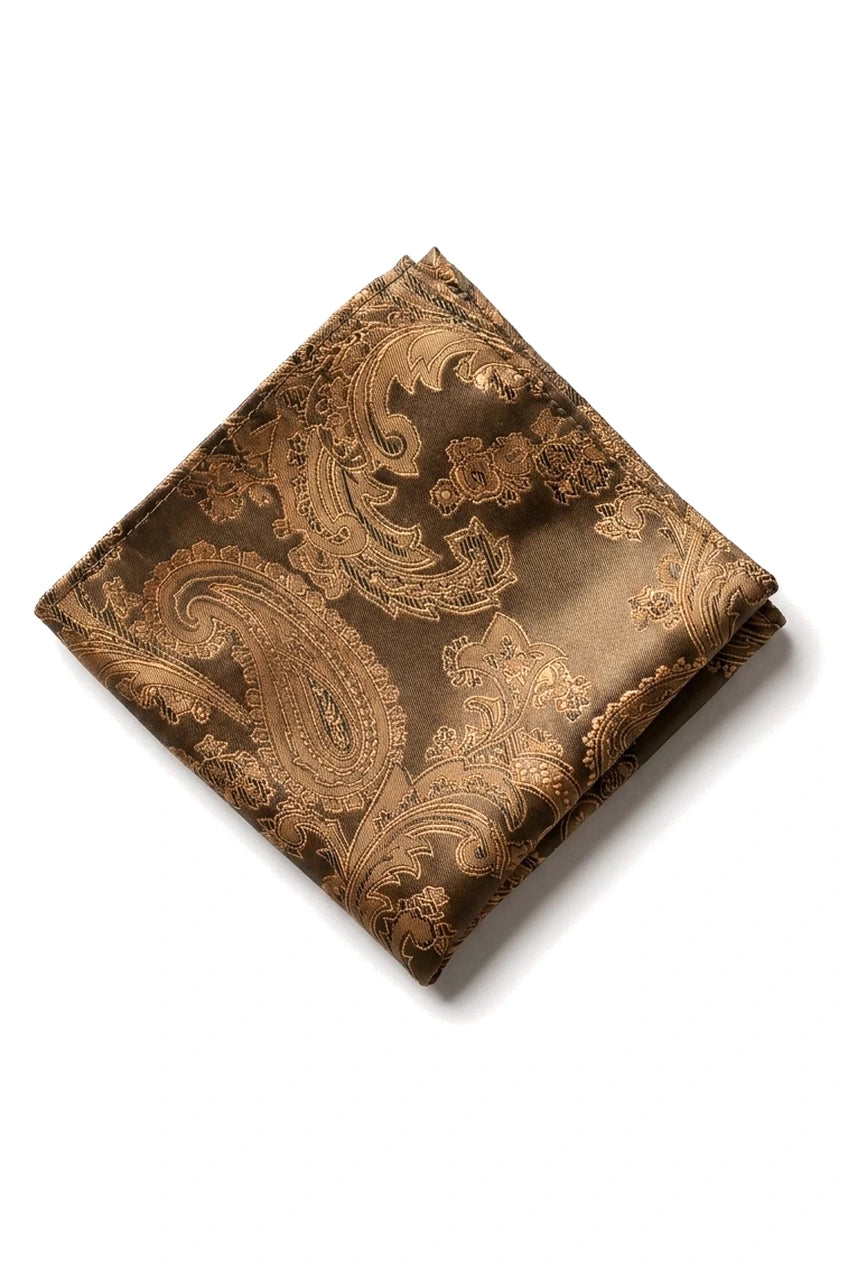 Conjunto de presente com gravata Paisley em bronze, lenço de bolso, abotoaduras e gravata floral em cetim.