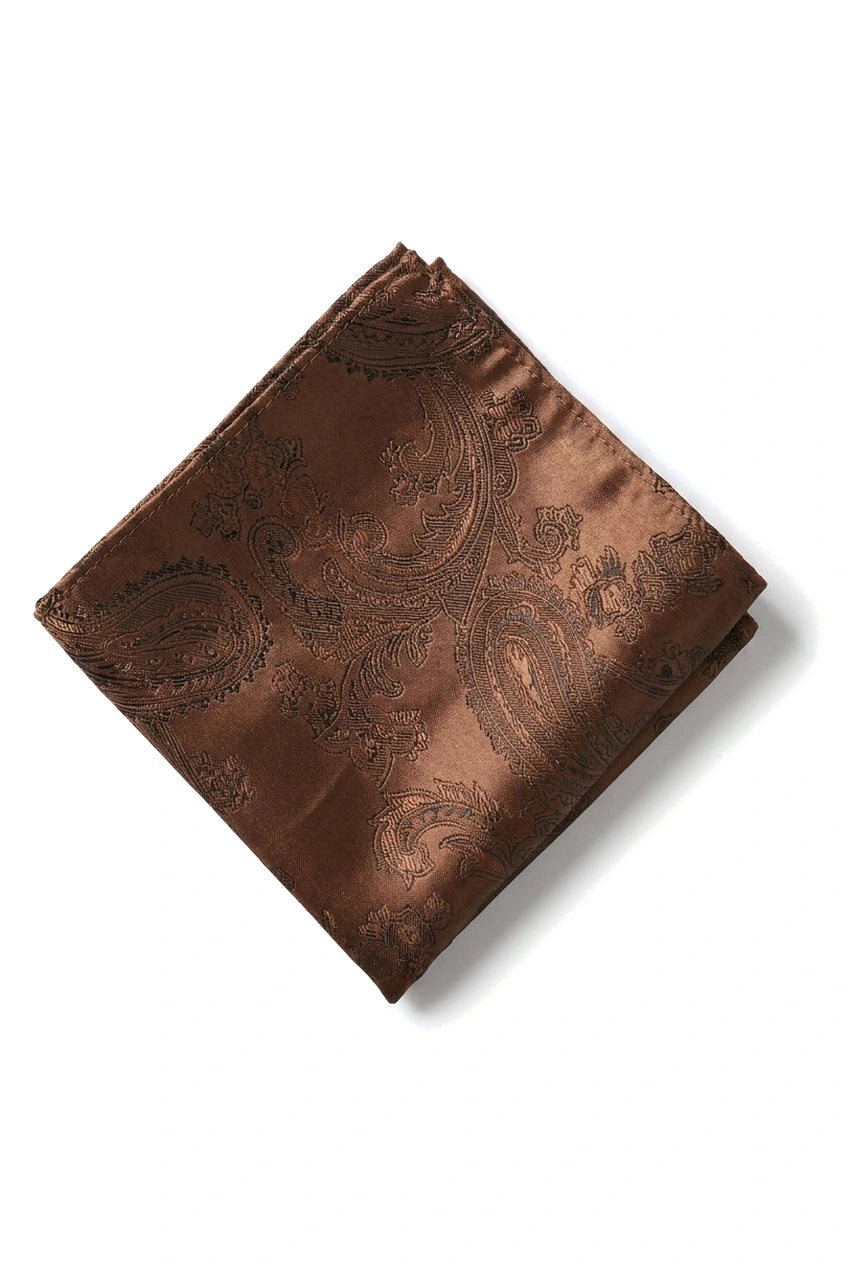 Conjunto de presente com gravata marrom Paisley, lenço de bolso, abotoaduras e gravata floral de cetim.