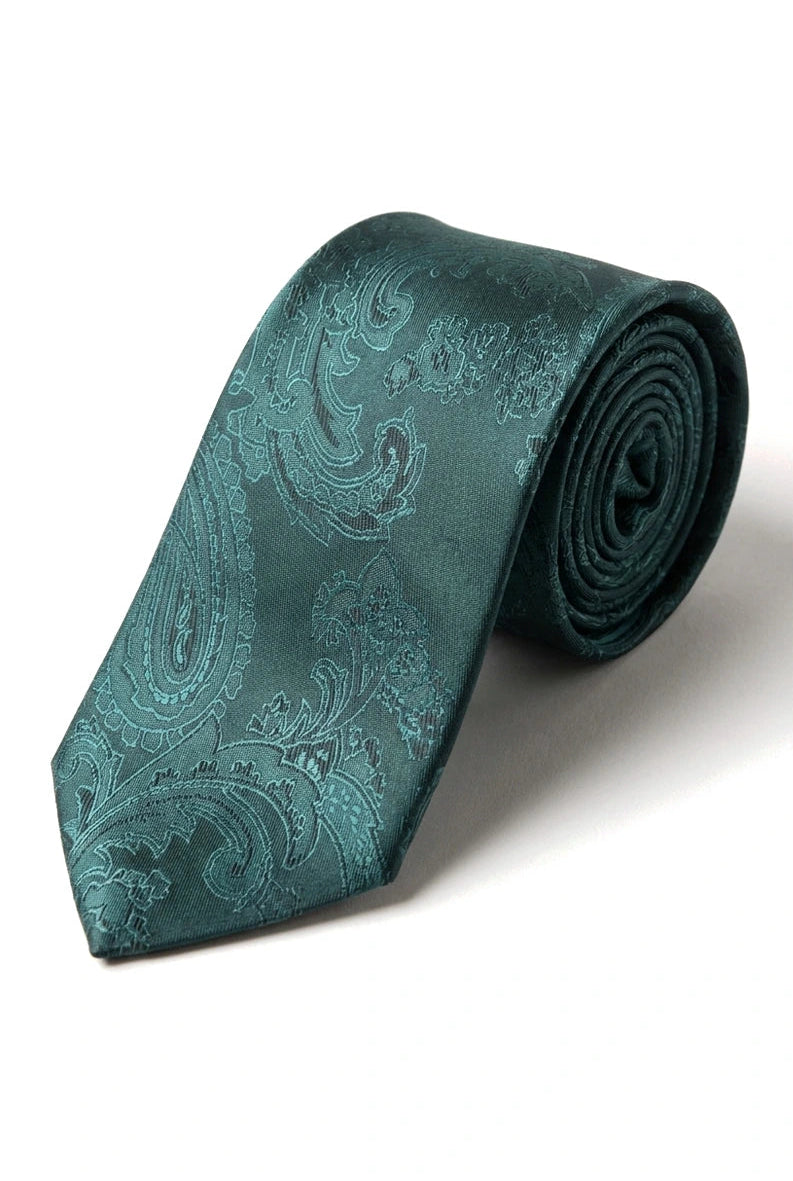 Conjunto de presente com gravata verde paisley, lenço de bolso e abotoaduras em cetim floral.