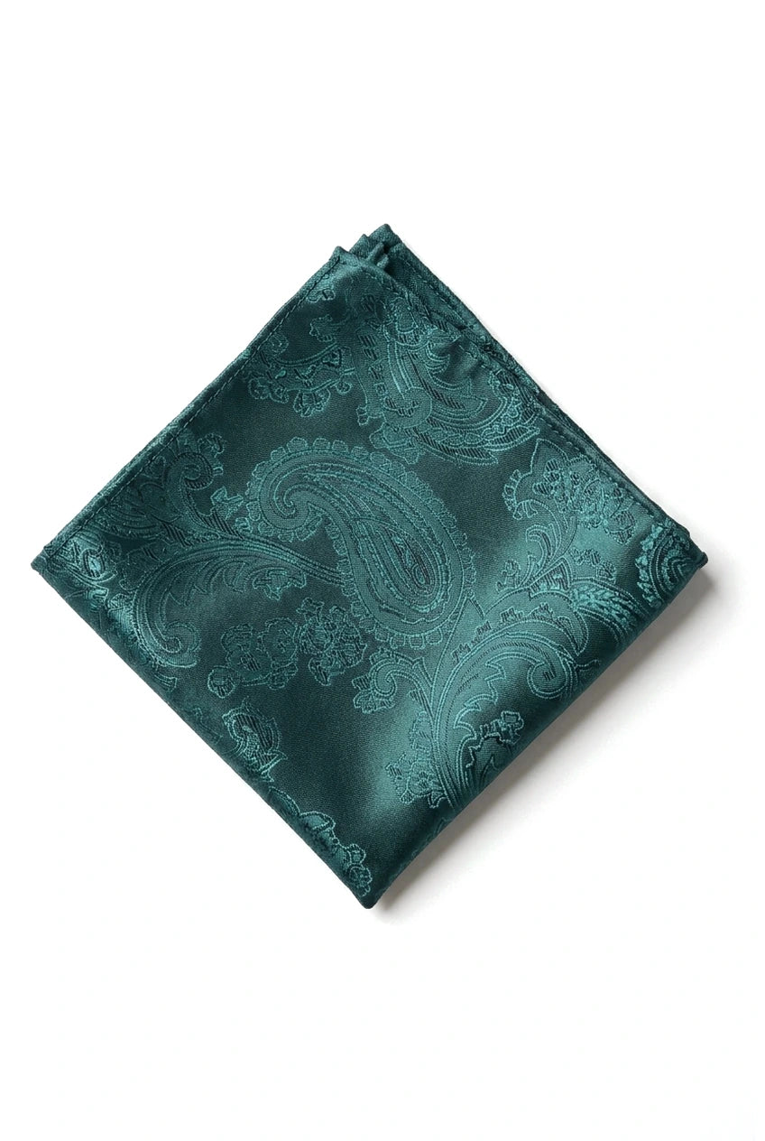 Conjunto de presente com gravata verde paisley, lenço de bolso e abotoaduras em cetim floral.