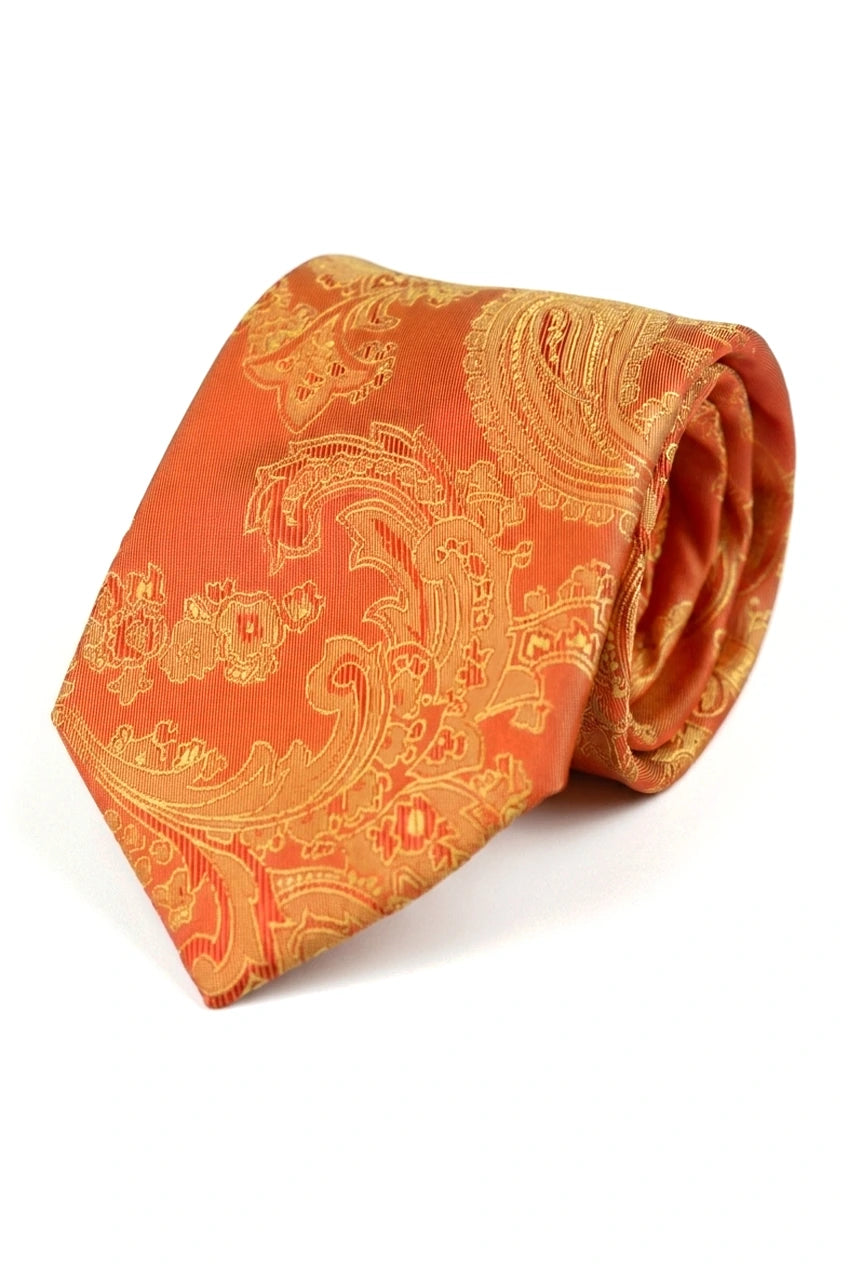 Conjunto de presente com gravata laranja paisley, lenço de bolso, abotoaduras e gravata floral de cetim.