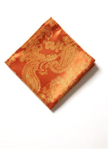Conjunto de presente com gravata laranja paisley, lenço de bolso, abotoaduras e gravata floral de cetim.