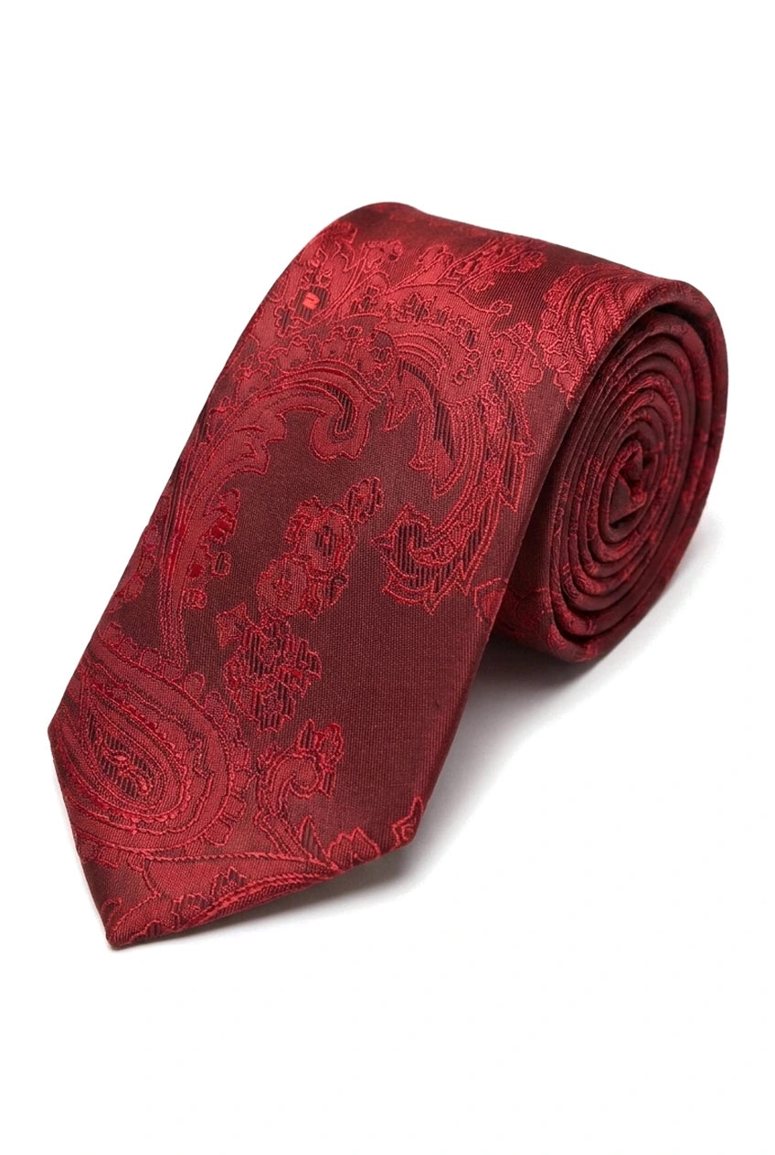 Conjunto de presente com gravata vermelha Paisley, lenço de bolso, abotoaduras e gravata floral de cetim.