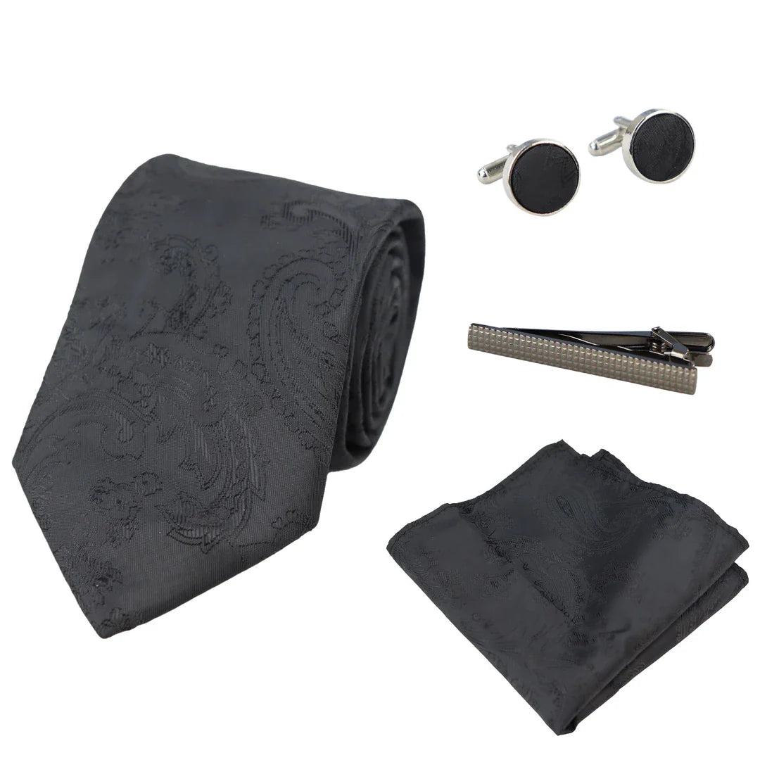 Conjunto de presente com gravata preta Paisley, lenço de bolso e abotoaduras em cetim floral.