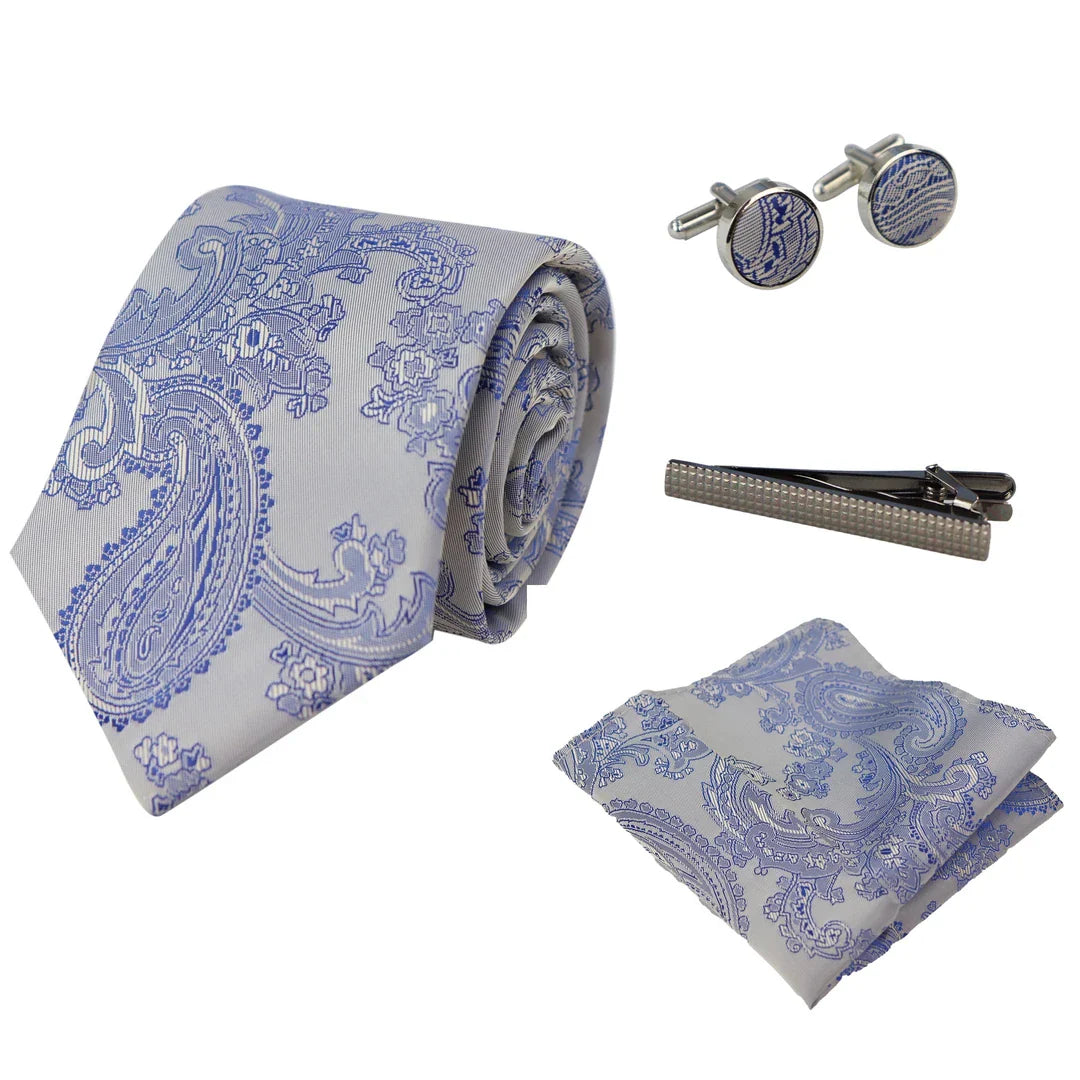Conjunto de presente com gravata azul paisley, lenço de bolso e abotoaduras em cetim floral.