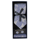 Conjunto de presente com gravata azul paisley, lenço de bolso e abotoaduras em cetim floral.