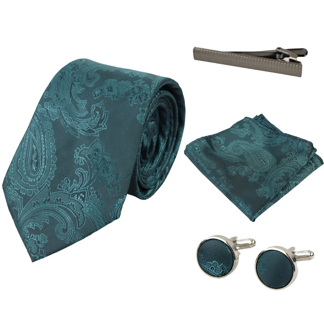 Conjunto de presente com gravata verde paisley, lenço de bolso e abotoaduras em cetim floral.