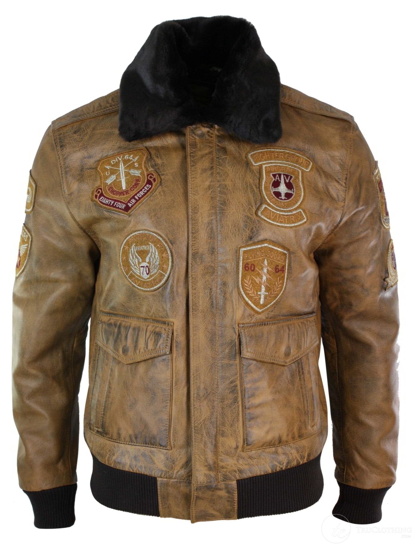 Jaqueta Bomber Aviador Masculina Vintage Bege com Gola de Pele Preta Removível - Marrom