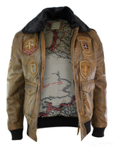 Jaqueta Bomber Aviador Masculina Vintage Bege com Gola de Pele Preta Removível - Marrom