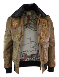 Jaqueta Bomber Aviador Masculina Vintage Bege com Gola de Pele Preta Removível - Marrom