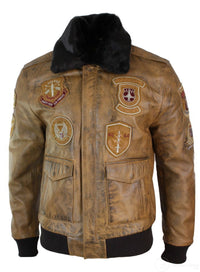 Jaqueta Bomber Aviador Masculina Vintage Bege com Gola de Pele Preta Removível - Marrom
