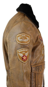 Jaqueta Bomber Aviador Masculina Vintage Bege com Gola de Pele Preta Removível - Marrom