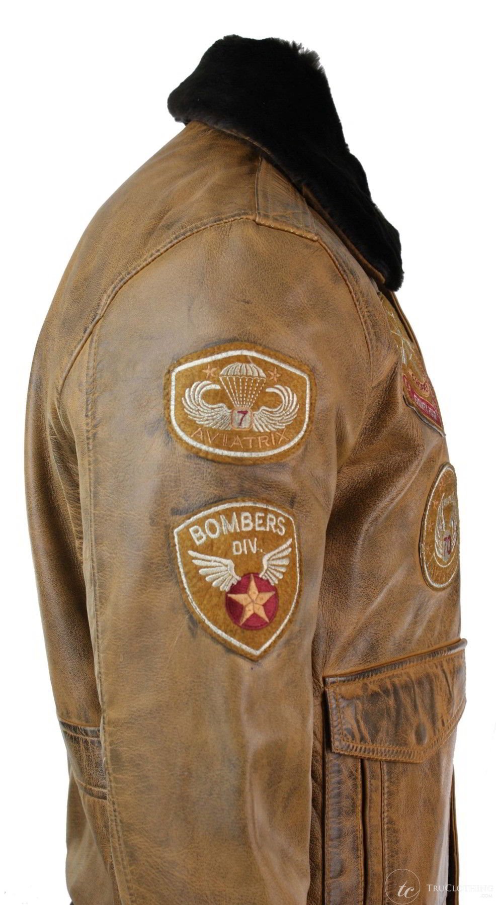 Jaqueta Bomber Aviador Masculina Vintage Bege com Gola de Pele Preta Removível - Marrom