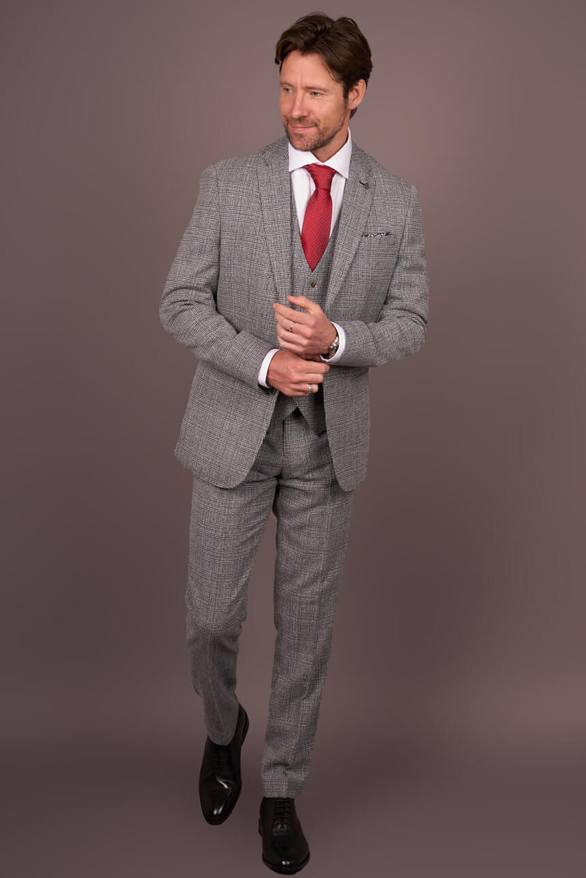 Terno masculino cinza clássico xadrez slim fit de 3 peças