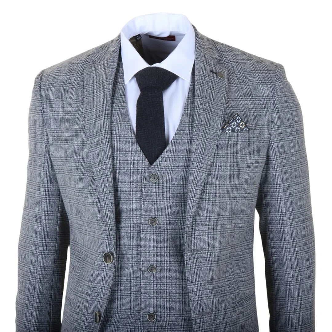 Terno masculino cinza clássico xadrez slim fit de 3 peças