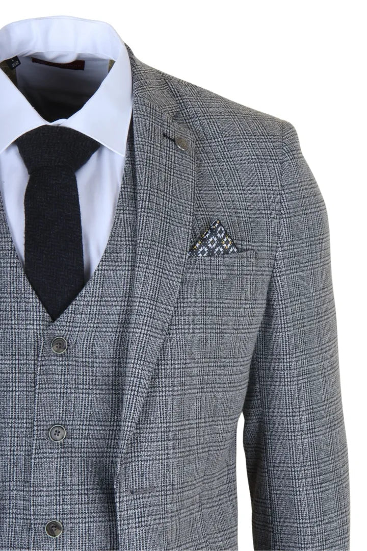 Terno masculino cinza clássico xadrez slim fit de 3 peças
