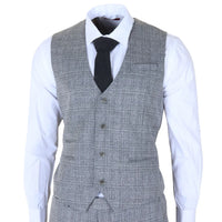 Terno masculino cinza clássico xadrez slim fit de 3 peças