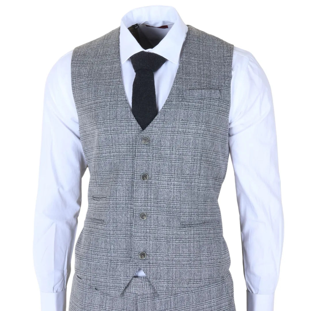Terno masculino cinza clássico xadrez slim fit de 3 peças