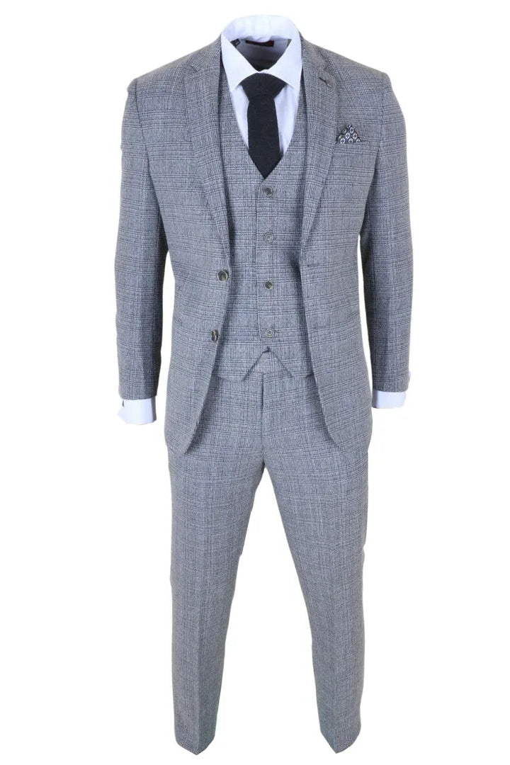 Terno masculino cinza clássico xadrez slim fit de 3 peças