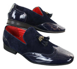 Patron 239-10 Mocassins Masculinos Slip On com Borla, em Couro Envernizado Preto Brilhante e Camurça PU