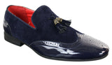 Patron 239-10 Mocassins Masculinos Slip On com Borla, em Couro Envernizado Preto Brilhante e Camurça PU