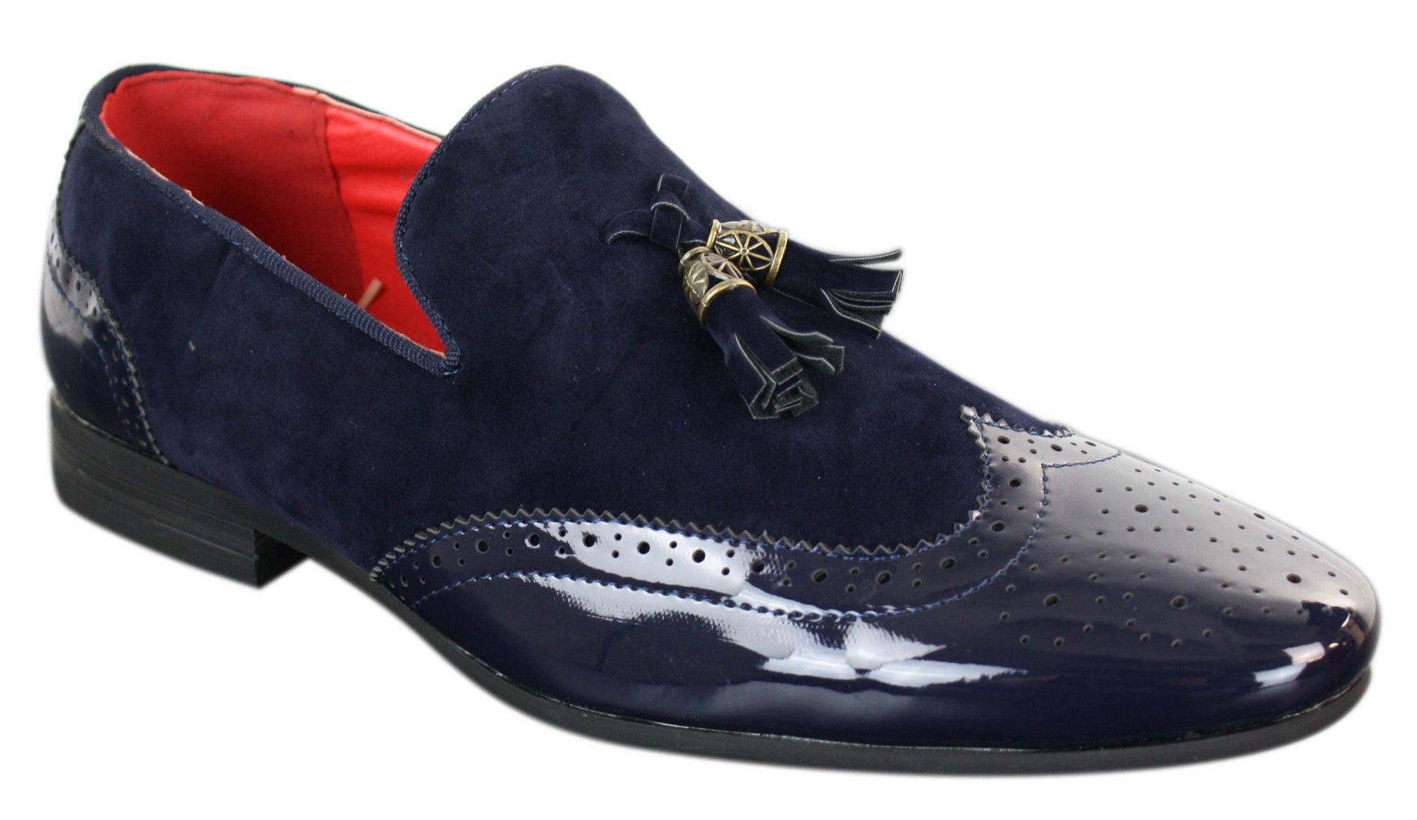 Patron 239-10 Mocassins Masculinos Slip On com Borla, em Couro Envernizado Preto Brilhante e Camurça PU