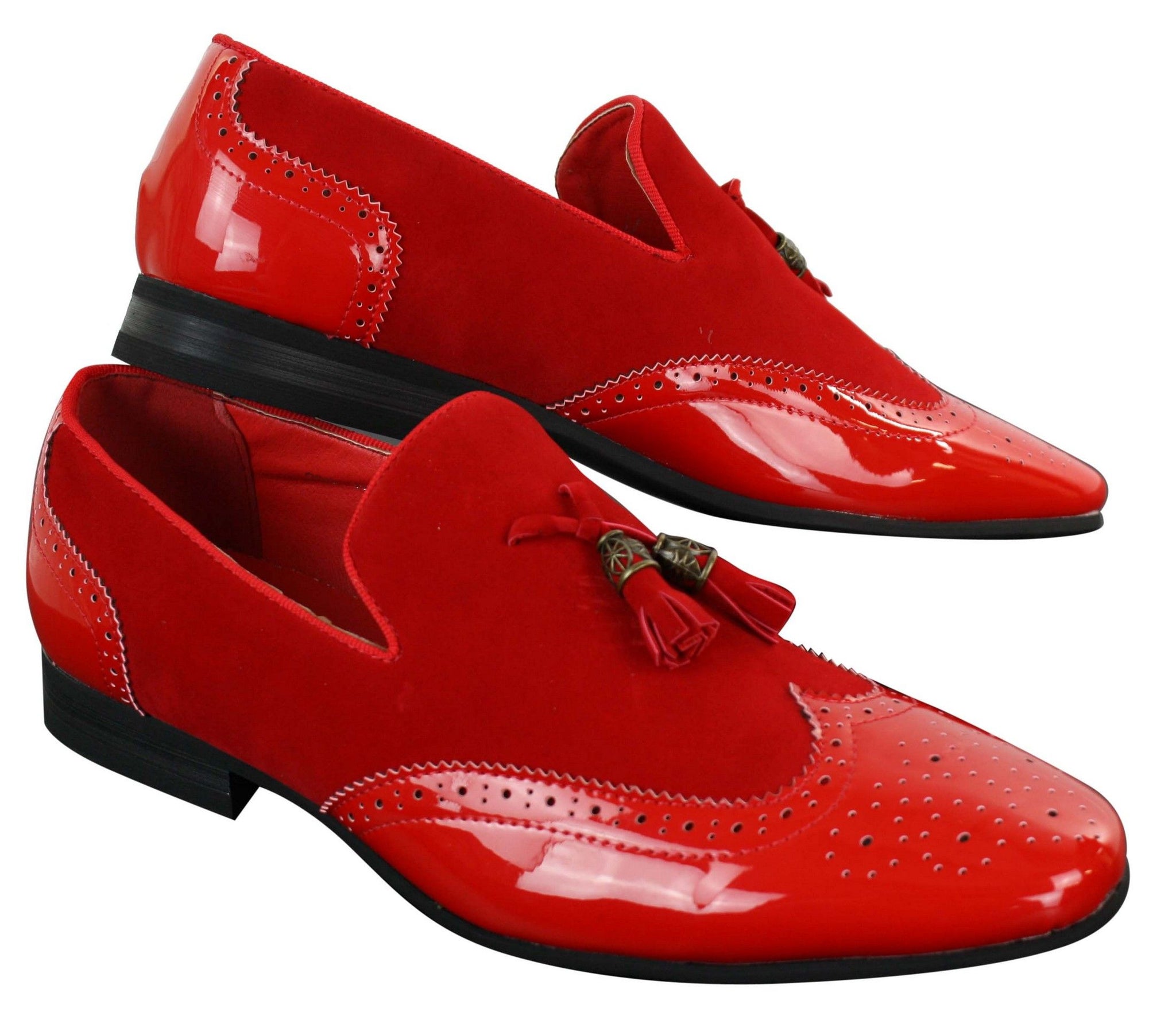 Patron 239-10 Mocassins Masculinos Slip On com Borla, em Couro Envernizado Preto Brilhante e Camurça PU