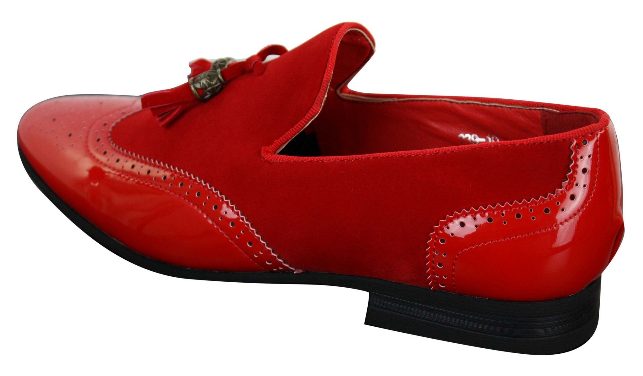 Patron 239-10 Mocassins Masculinos Slip On com Borla, em Couro Envernizado Preto Brilhante e Camurça PU