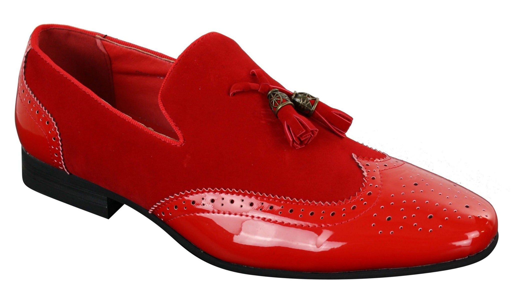 Patron 239-10 Mocassins Masculinos Slip On com Borla, em Couro Envernizado Preto Brilhante e Camurça PU
