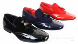 Patron 239-10 Mocassins Masculinos Slip On com Borla, em Couro Envernizado Preto Brilhante e Camurça PU