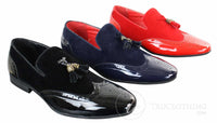 Patron 239-10 Mocassins Masculinos Slip On com Borla, em Couro Envernizado Preto Brilhante e Camurça PU