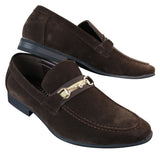 Patron 239 Sapatos Masculinos de Camurça com Fivela, Mocassins Slip On, Elegantes e Casuais, em PU nas cores Azul Marinho, Marrom e Preto.