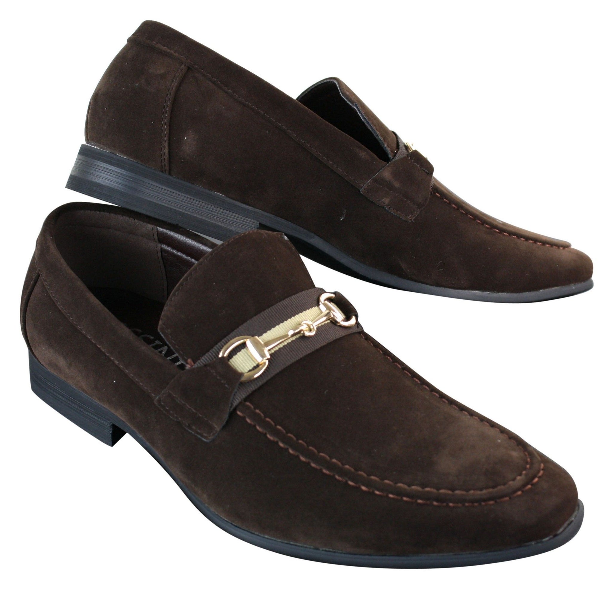 Patron 239 Sapatos Masculinos de Camurça com Fivela, Mocassins Slip On, Elegantes e Casuais, em PU nas cores Azul Marinho, Marrom e Preto.