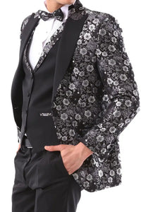 Terno smoking masculino preto e prateado com estampa paisley, 3 peças, para casamento, formatura e festa do noivo.