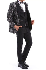 Terno smoking masculino preto e prateado com estampa paisley, 3 peças, para casamento, formatura e festa do noivo.