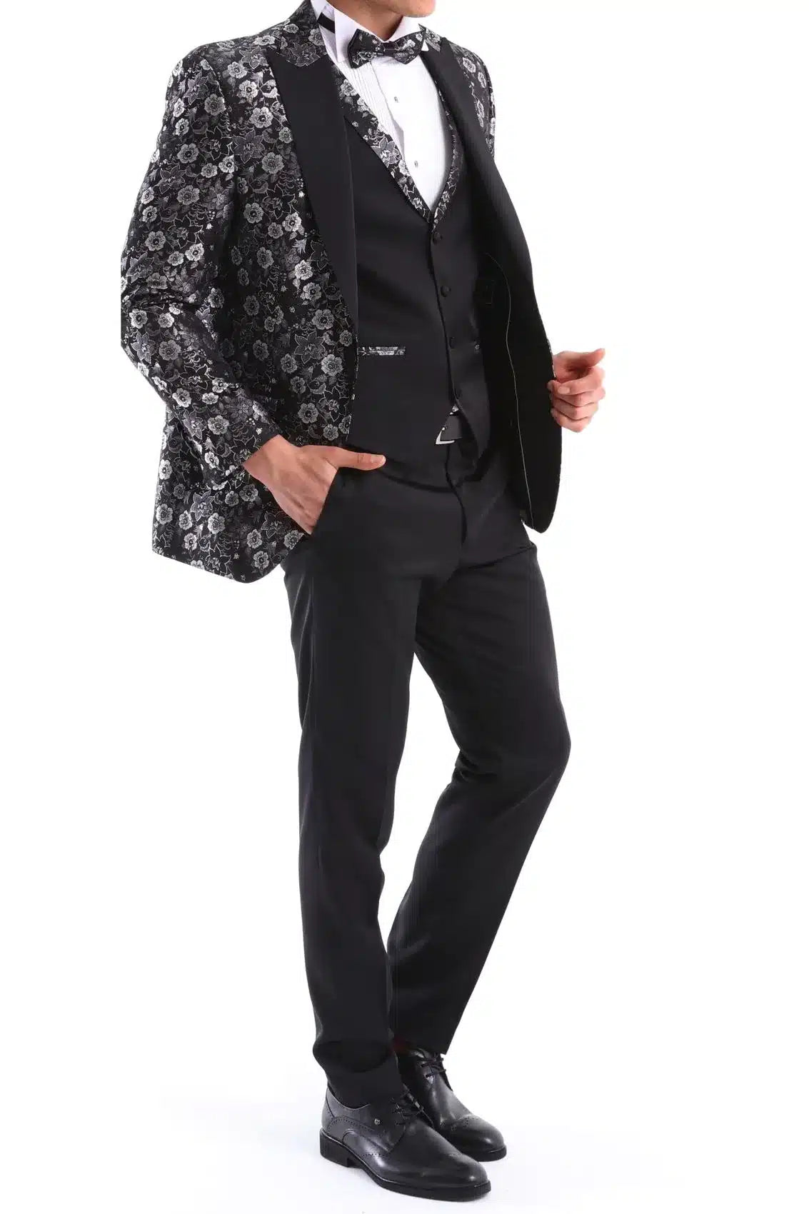 Terno smoking masculino preto e prateado com estampa paisley, 3 peças, para casamento, formatura e festa do noivo.